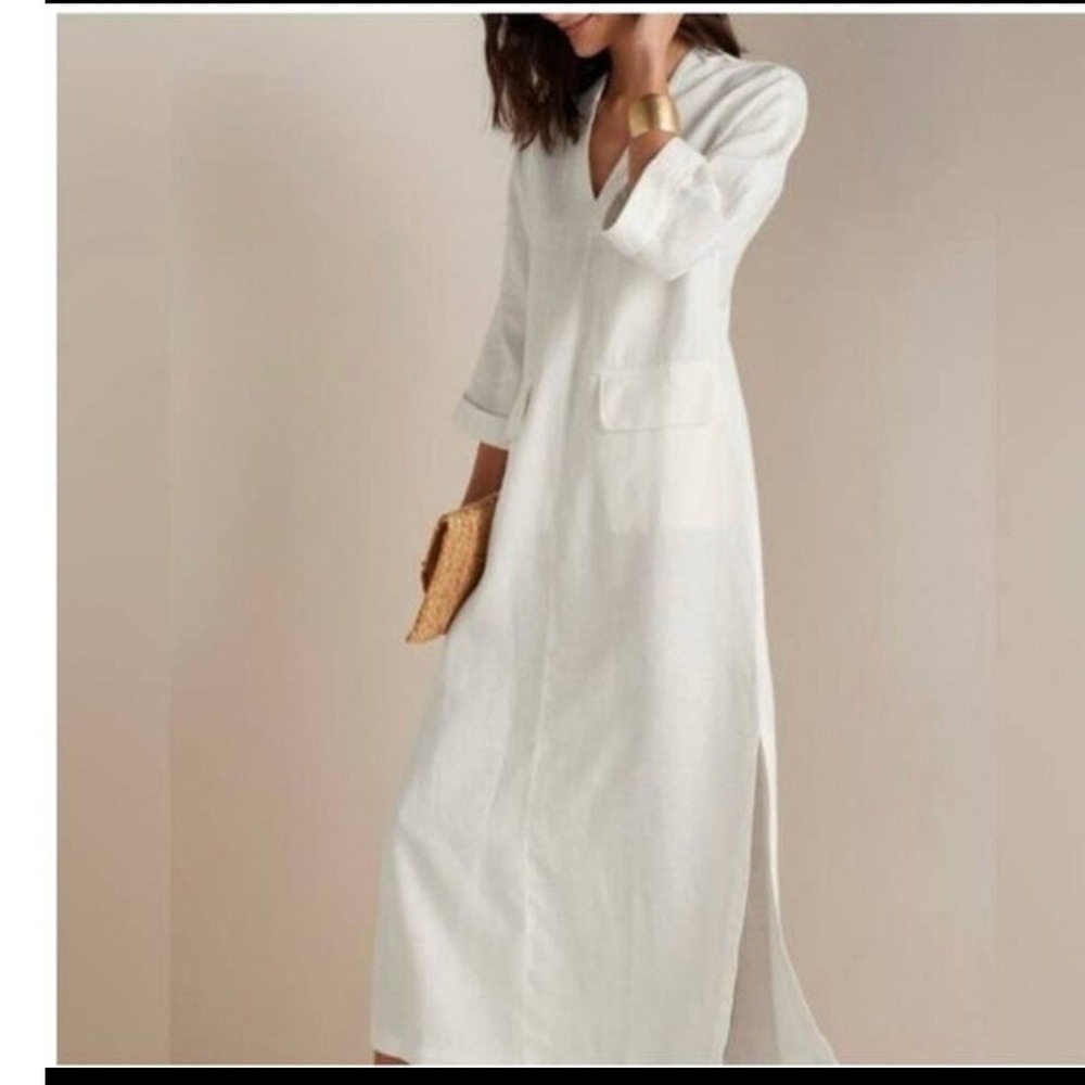 Soft Surroundings Ivory 100% Linen Maxi Kaftan Dress LP Resortwear Beach